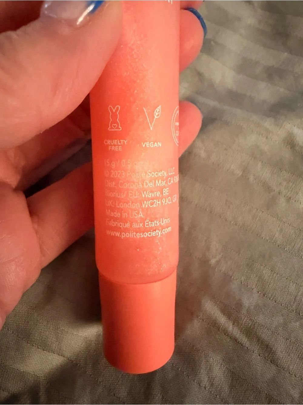 POLITE SOCIETY Polite Pout Glossy Lip Balm in Peach Bellini NEW IN BOX FULL SIZE